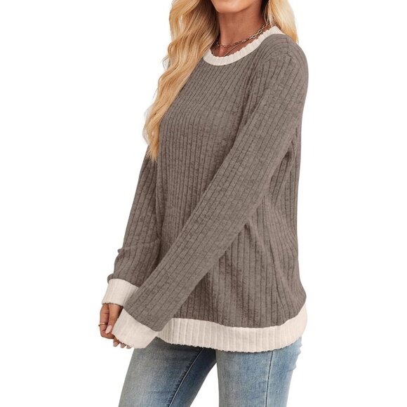 Womens Long Sleeve Tops Color Block Lightweight Sweaters Loose Fit Crewneck Fall - Picture 3 of 5